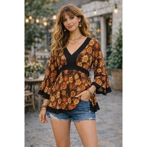 VTG Boho Babydoll Y2K Top Womens XL Coquette‎  Fiairy Mod Boho Gypsy Festival